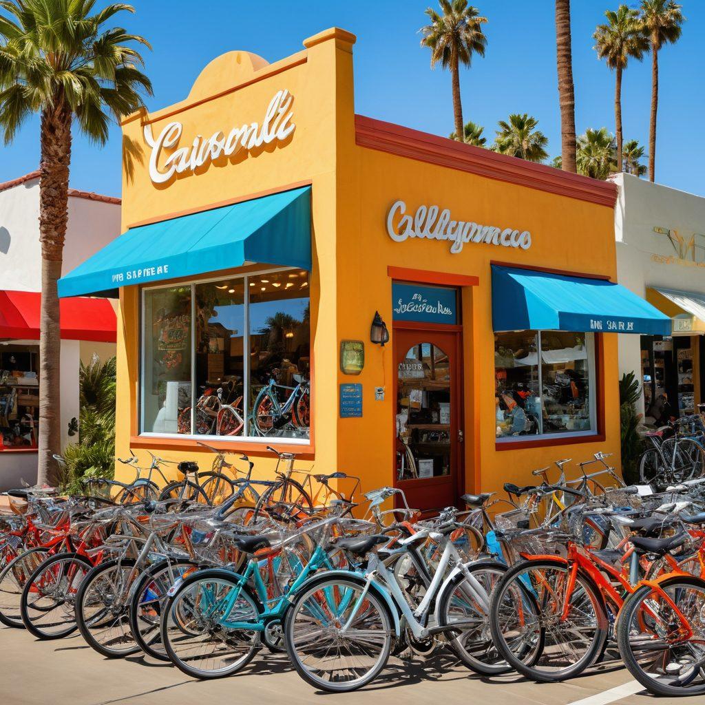 A vibrant collage featuring various California bike shops adorned with colorful displays of bicycles and bicycle gear, showcasing cyclists of diverse backgrounds happily interacting with shop owners. Include sunlit streets of California, palm trees, and an inviting atmosphere that captures the cycling culture. Illustrate a mix of modern and retro bike designs, emphasizing the love for cycling and community. super-realistic. vibrant colors. sunny background.