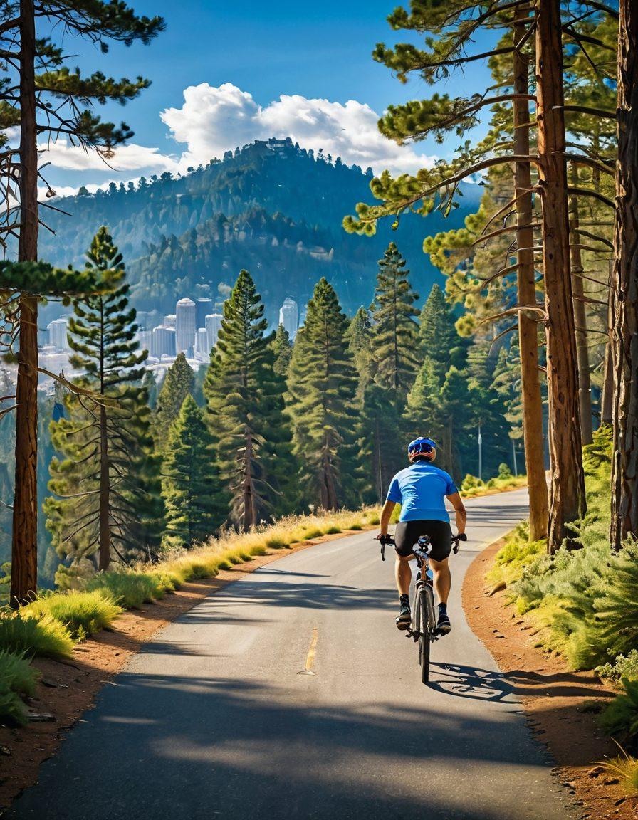 A cyclist navigating a scenic mountain trail with towering pine trees on one side and a vibrant city skyline representing urban life on the other, blending the serenity of nature and the excitement of city cycling. The image should feature bright Californian sunlight, a blue sky with fluffy clouds, and a variety of cyclists of different ethnicities enjoying their ride, capturing the diverse cycling lifestyle. super-realistic. vibrant colors. 3D.