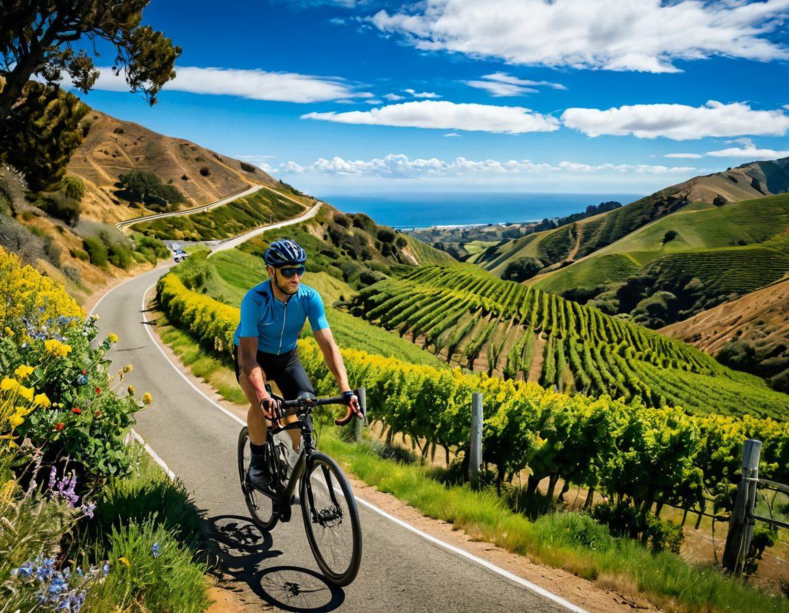 A dynamic scene showcasing a cyclist navigating through the picturesque landscapes of California, featuring lush vineyards, rolling hills, and a stunning coastline. The cyclist is wearing vibrant gear, with a backdrop of blue skies and fluffy clouds, capturing the spirit of adventure. Include various cycling accessories spread out in the foreground to inspire gear choices. Incorporate elements of sunshine and wildflowers for a vibrant, energetic feel. super-realistic. vibrant colors.